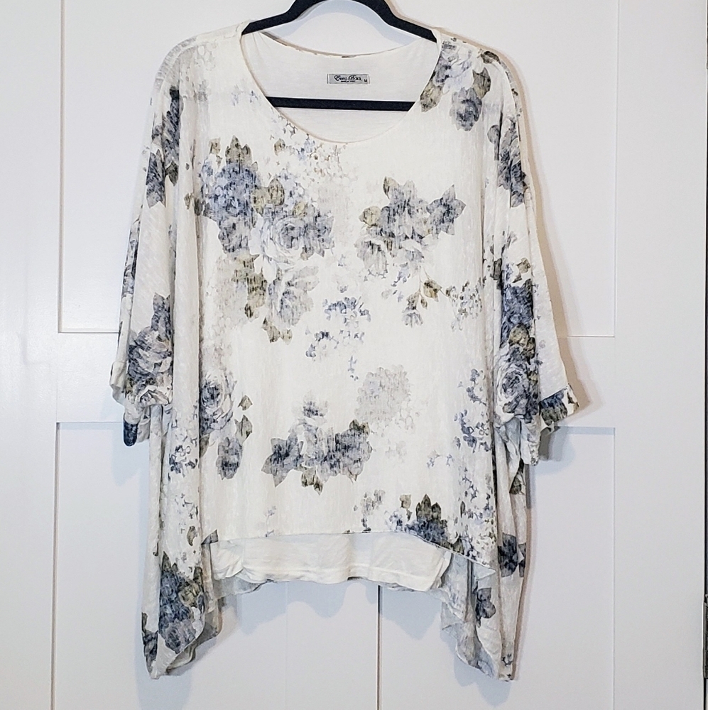 Elena Baldi Italy Made Viscose White Floral Top Watercolor Boxy Oversized Medium